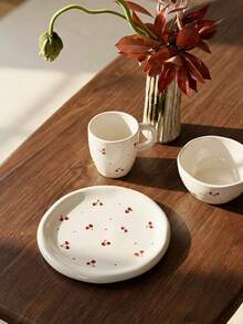 Cirelle 1Pc/3Pcs Ceramic Cup & Saucer Set, High-Temp Glazed Ceramic With Hand-Painted Cherry Prints, Heat & Cold Resistant For Holding Coffee And Tea, Ornamental Table Piece For Household Afternoon Tea And Indoor Counter Display. - Multicolor - View 1