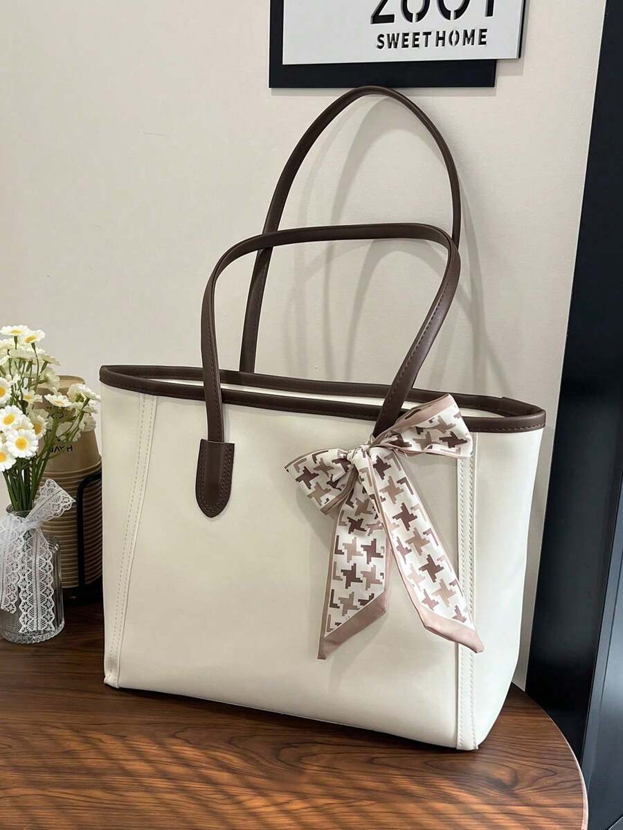 SIENNITY Fashionable Plain Color Scarf Decor PU Leather Tote Bag, Retro Minimalist Casual Shoulder Bag, Large Capacity Commuter Handbag Suitable For Women - White - View 1