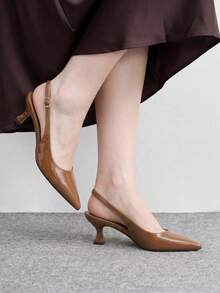 CUCCOO BIZCHIC Women's Shoes Glossy Pointed Heel Medium Heel Empty Buckle Light Luxury High Heels Commuter Banquet Shoes - Brown - View 5
