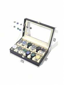 PU Leather Watch Storage Box With Glass Lid, Multi Slots Watch Display Organizer Case For Watch Collection - default - View 8