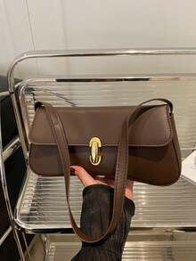 SIENNITY New Retro Fashion Solid‑Color Baguette Bag,Hardware Lock Clasp,Flap Opening,Lightweight & Minimalist,Small‑Capacity Shoulder Underarm Bag - Coffee - View 7