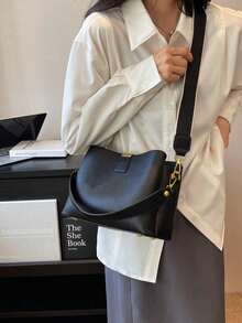 SIENNITY Tas Tote Bucket Warna Hitam Solid, Penyimpanan Multi-Lapisan untuk Barang-Barang Penting, Penutup Kancing, Gaya Minimalis Sehari-hari, Tas Tote Bucket, Tas Tangan Wanita untuk Bepergian, Tas Bahu Serbaguna - Hitam - View 4