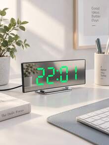 1 قطعة ساعة منبه رقمية بشاشة LED منحنية كبيرة، ساعة مكتب LED بسطح مرآة حديثة، عرض الوقت 12/24 ساعة، ساعة طاولة بسيطة لغرفة النوم وغرفة المعيشة وديكور المنزل، البطاريات غير مشمولة - متعدد الألوان - مشاهدة 5