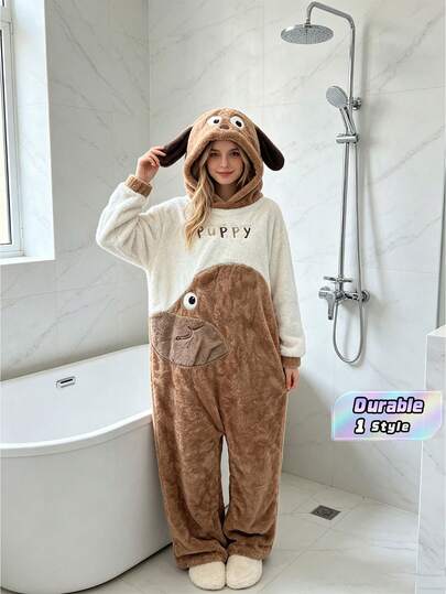 Funny One-Piece Coral Fleece Couple Pajamas, Cute Cartoon Thickened Winter Warm Home Wear