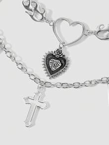 MortiRose 1pc Gothic Double Layer Heart Eye Cross Pendant Pants Chain, Vintage Silver Punk Streetwear Waist Chain - Multicolor - View 6