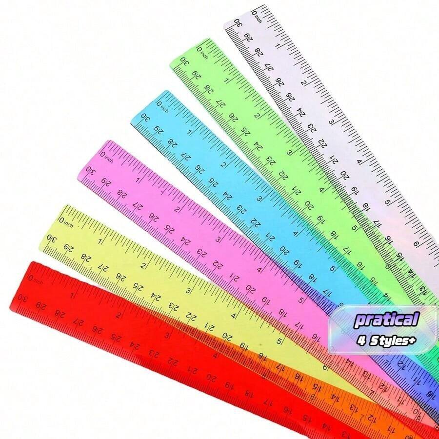 5pcspcs Random Color 30cm Plastic Ruler, Advertising Ruler With Straight Edge, Dual Bevel, Dual Scale, Clear And Vivid Markings, Rulers, Back To School - Multicolor - View 1