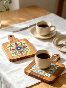 Solid Wood Ceramic Tile Pattern Heat Resistant Coasters - Retro Kitchen Table Mats For Hot Pots, Pans, Cups, High Temperature Resistant, Handmade Home Decor Gifts - View 5