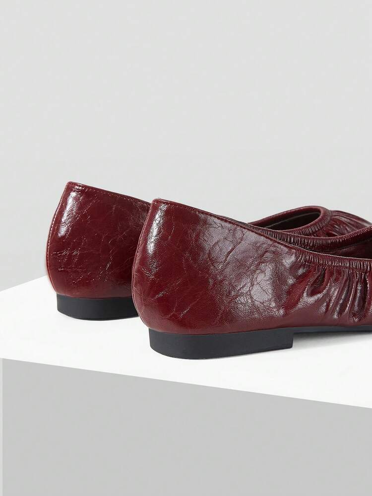 MOTF VINTAGE BROWN RUCHED SQUARE TOE FLAT SHOES WOMEN SOFT LEATHER SLIP ON BALLET FLATS CASUAL DAILY WEAR COMFORT WALKING LOAFERS - Burgundy - View 7