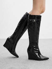 CUCCOO BIZCHIC Buckle Pleated Pointed Wedge Heel Brown Retro Tall Slim Knight Boots Women - Black - View 4
