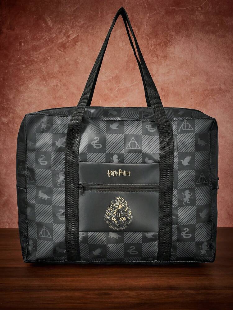 HARRY POTTER X SHEIN Print Foldable Large Travel Tote Bag, Front Zip Pocket. Foldable Design For Trips, Gym And Daily Luggage Storage - Dark Grey - View 4