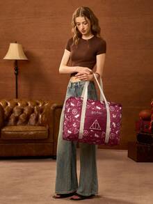 HARRY POTTER X SHEIN Print Foldable Large Travel Tote Bag, Front Zip Pocket. Foldable Design For Trips, Gym And Daily Luggage Storage - reddish brown - View 5