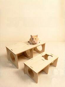 Beige Wooden Tunnel Hamster Cage, Solid Wood Platform Hamster Toy, Pet Habitat Decor Supplies For Small Pets - one-size - View 2