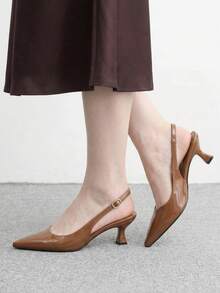 CUCCOO BIZCHIC Women's Shoes Glossy Pointed Heel Medium Heel Empty Buckle Light Luxury High Heels Commuter Banquet Shoes - Brown - View 6