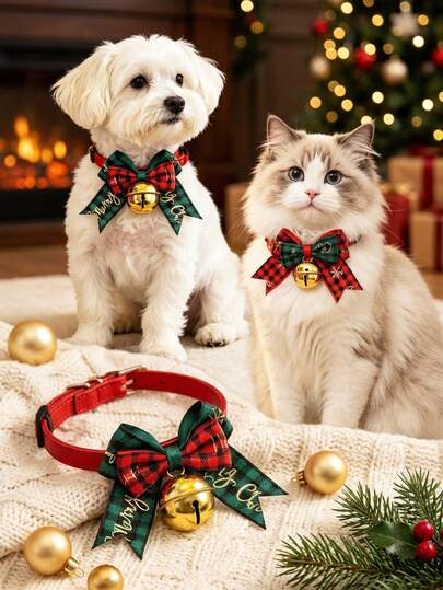 PETSIN Coleira de Natal para Animais de Estimação, Coleira Ajustável com Gravata Borboleta Xadrez Búfalo e Sino Dourado, Acessório Macio e Confortável para Festa de Natal e Fotos, Presente Festivo para Filhotes, Gatinhos, Cães e Gatos Pequenos e Médios