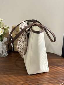 SIENNITY Fashionable Plain Color Scarf Decor PU Leather Tote Bag, Retro Minimalist Casual Shoulder Bag, Large Capacity Commuter Handbag Suitable For Women - White - View 6