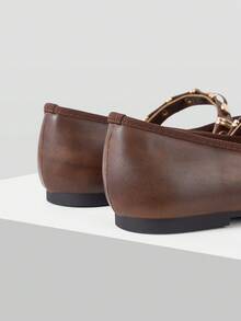 MOTF PREMIUM WOMEN SQUARE TOE BROWN LEATHER MARY JANE FLATS, GOLD MULTI BUCKLE STRAP SOFT COMFORT WALKING FLAT DRESS SHOES - Brown - View 7