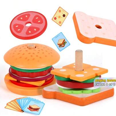 Decoración Navideña 1 Caja de Juego de Juguetes de Sándwich/Hamburguesa de Madera para Niños y Niñas, Juego de Rol y Educación Preescolar, Ayuda a Mejorar las Habilidades de Coordinación Ojo-Mano Escuela, Estudiante, Papelería, Suministros Escolares
