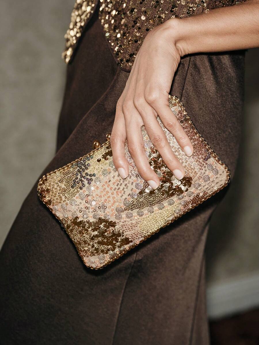 SHECARRY Ladies Elegant Beaded Gold Dinner Bag, Exquisite Simple Box Clutch Bag, For Parties, Festivals, Banquets, Weddings, Dress Matching - Gold - View 1