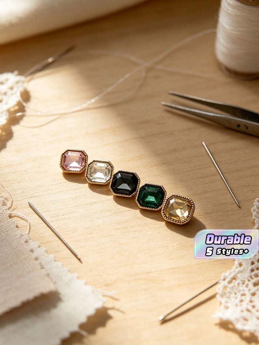 1 Pack 10 Pieces Simple Rectangular Rhinestone Inlaid Metal Buttons Small Decorative Fasteners For Shirts Cardigans Sweaters Tops Hand‑Sewn Clothing Sewing Accessories - 10pcs - View 1