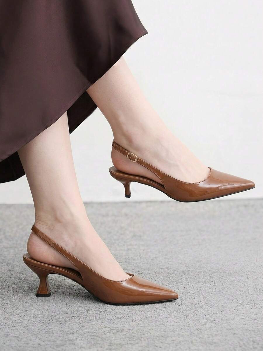CUCCOO BIZCHIC Women's Shoes Glossy Pointed Heel Medium Heel Empty Buckle Light Luxury High Heels Commuter Banquet Shoes - Brown - View 1