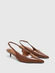 CUCCOO BIZCHIC Women's Shoes Glossy Pointed Heel Medium Heel Empty Buckle Light Luxury High Heels Commuter Banquet Shoes - Brown - View 7