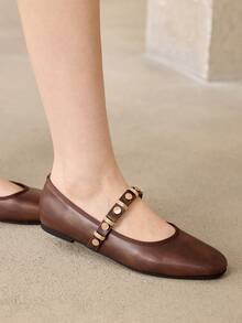 MOTF PREMIUM WOMEN SQUARE TOE BROWN LEATHER MARY JANE FLATS, GOLD MULTI BUCKLE STRAP SOFT COMFORT WALKING FLAT DRESS SHOES - Brown - View 4