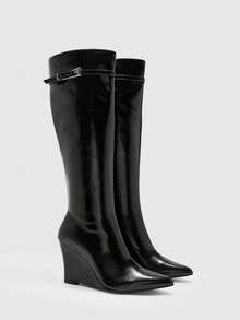CUCCOO BIZCHIC Buckle Pleated Pointed Wedge Heel Brown Retro Tall Slim Knight Boots Women - Black - View 6