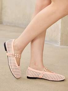 MOTF LADIES FLAT BOTTOM HOLLOW WOVEN HORIZONTAL STRAP BUCKLE MARY JANE SHOES SIMPLE ELEGANCE VACATION DAILY COMMUTER COLLEGE FALL SHOES - Pink White - View 8