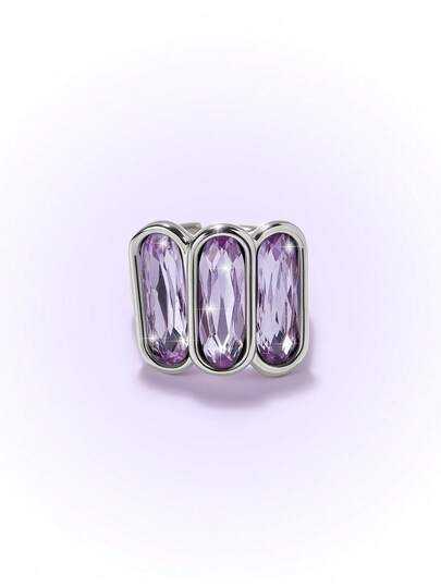 Popjeli Three-Row Long Oval Purple Diamond Wide-Sided Ring, Silver Hemming Opening Adjustable Exaggerated Light Luxury Ring