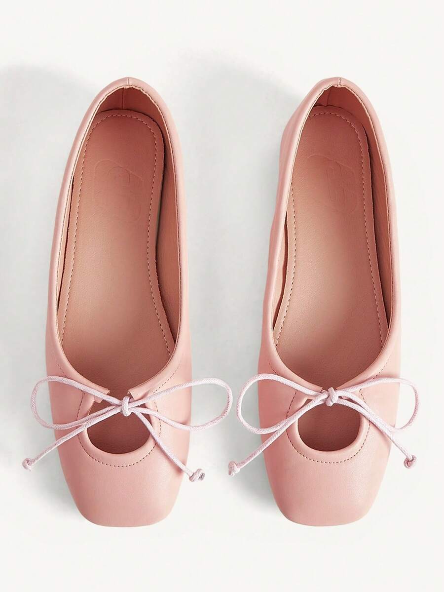 CUCCOO CHICEST Pink Satin Ballet Flats For Women, Square Toe, Low Vamp Bow, Soft Sole Shoes - Pink - View 1