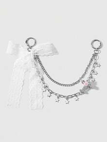 ROMWE Kawaii 1 Ins Simple High-End Silver Multi-Layer Chain Star Rose Rhinestone Love Cross White Lace Bow DIY Keychain Bag Pendant, Holiday Gift - Silver White-40 - View 8