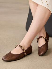 MOTF PREMIUM WOMEN SQUARE TOE BROWN LEATHER MARY JANE FLATS, GOLD MULTI BUCKLE STRAP SOFT COMFORT WALKING FLAT DRESS SHOES - Brown - View 8