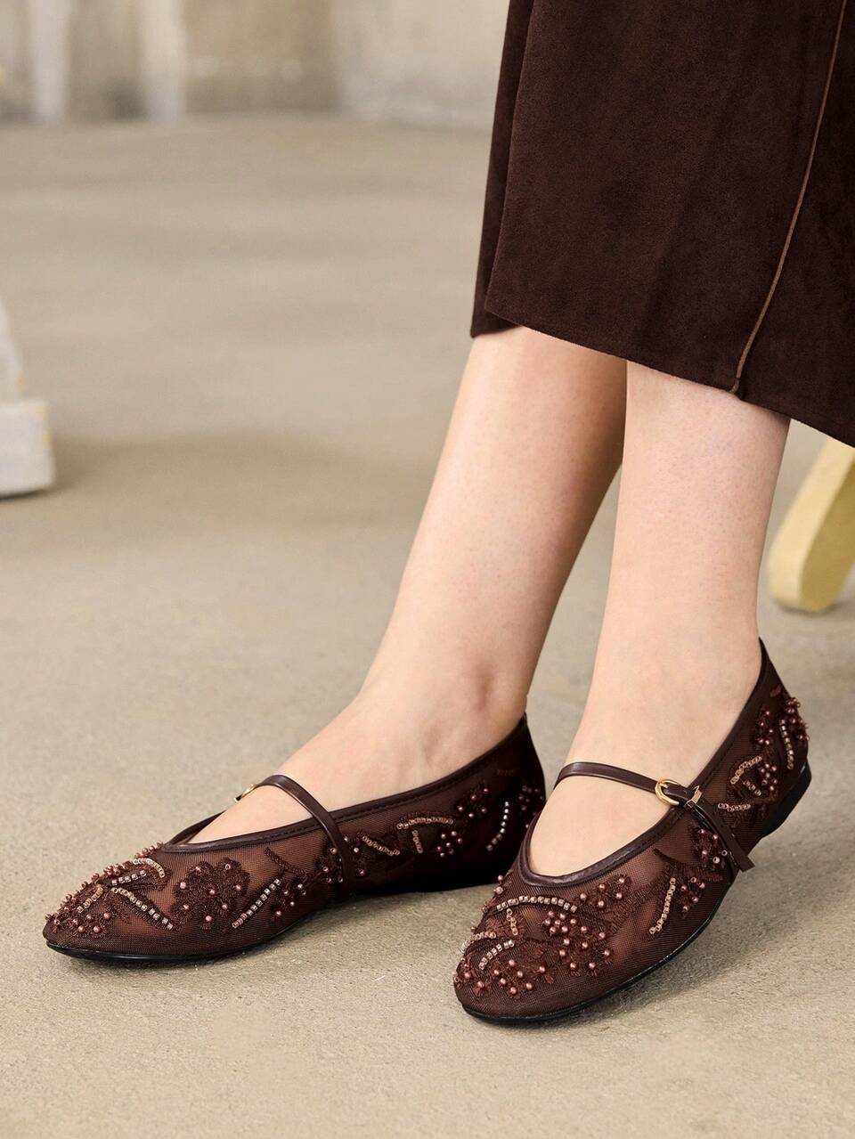 MOTF LADIES ELEGANT LACE EMBROIDERED FAUX PEARL DECORATIVE FLATS, COMFORTABLE AND BREATHABLE ADJUSTABLE BUCKLE STRAPS, DAILY VERSATILE SHOES FALL SHOES