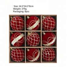 9Pcs 8cm Velvet Shatterproof Ornament Set Gold Bead Floral Pattern Christmas Tree Hanging Decorations For Holiday Party Home Winter Festival Xmas Decor. - multicolor - View 11