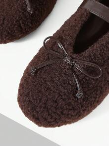 MOTF PREMIUM WOMEN RETRO TEDDY FUZZY BALLET FLATS LEATHER BUCKLE STRAP BOW SOFT WARM OUTDOOR MOCCASIN SHOES - dark brown - View 5