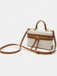 SIENNITY Canvas Spliced Pattern, Beige Brown, Small Cosmetic Storage, Double Zip Closure, Retro Casual Style, Box Case Bag, Vintage Popular Crossbody Handbag - Multicolor - View 5