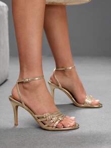 CUCCOO SZL Multi-Layer Crossed Rhinestone Back Strap Stiletto Sandals Women's Open-Toed Banquet Dress High Heels Women's Shoes - Light gold - View 10
