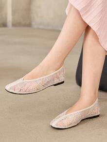 MOTF NEW BEIGE MESH FLOWER SQUARE TOE COMFORTABLE, SOFT AND SIMPLE COMMUTER WOMEN'S FLAT SHOES - Beige 1 - View 2