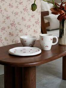 Cirelle 1Pc/3Pcs Ceramic Cup & Saucer Set, High-Temp Glazed Ceramic With Hand-Painted Cherry Prints, Heat & Cold Resistant For Holding Coffee And Tea, Ornamental Table Piece For Household Afternoon Tea And Indoor Counter Display. - Multicolor - View 3