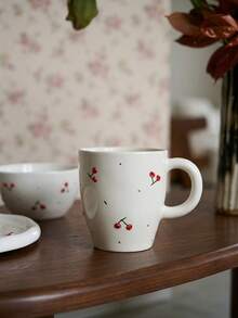 Cirelle 1Pc/3Pcs Ceramic Cup & Saucer Set, High-Temp Glazed Ceramic With Hand-Painted Cherry Prints, Heat & Cold Resistant For Holding Coffee And Tea, Ornamental Table Piece For Household Afternoon Tea And Indoor Counter Display. - Multicolor - View 2