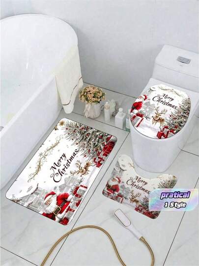 3 Pieces Santa Claus Print Bathroom Set With Christmas Elements. The Set Includes A Bathroom Rug, A U-Shaped Toilet Seat Cover, And A Non-Slip Toilet Seat Mat With A Rubber Backing. It'S A Washable Flannel Stain-Resistant Bathroom Accessory.