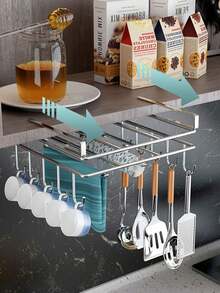 1Pc Stainless Steel Cabinet Storage Rack No Drill Under‑Cabinet Hanging Kitchen Organizer With Cutting Board Rag Holder Mug Hooks Paper Towel Utensil Rack Multifunctional Kitchen Storage - View 6