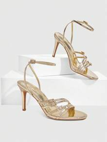 CUCCOO SZL Multi-Layer Crossed Rhinestone Back Strap Stiletto Sandals Women's Open-Toed Banquet Dress High Heels Women's Shoes - Light gold - View 2