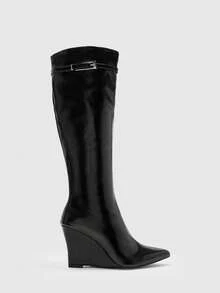 CUCCOO BIZCHIC Buckle Pleated Pointed Wedge Heel Brown Retro Tall Slim Knight Boots Women - Black - View 2