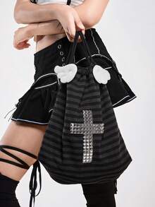 ROMWE Anime Y2K Punk Academy Style Black And Gray Striped Drawstring Backpack With Wings, Rivets, Cross Decoration, Fashionable Casual, Neutral Backpack. - Dark Grey - View 4