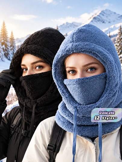 1pc Winter Warm Fleece Face Mask - Elastic Drawstring Design, Lightweight & Warm, Suitable For Cycling, Skiing, And Other Outdoor Activities, Solid Color Hooded Windproof Ear Protection, Multiple Colors Available, Essential Autumn/Winter Accessory
