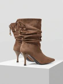 Mnmlis Atmosphere Coffee-Colored High-Heeled Suede Pointed Piled Boots, Lazy In Autumn And Winter, High-End Temperament, Fine-Heeled Medium Boots - Khaki - View 4