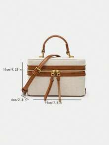 SIENNITY Canvas Spliced Pattern, Beige Brown, Small Cosmetic Storage, Double Zip Closure, Retro Casual Style, Box Case Bag, Vintage Popular Crossbody Handbag - Multicolor - View 3