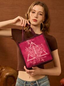 HARRY POTTER X SHEIN Vintage Triangle Rune Print Insulated Lunch Tote, Heat-Preserving Inner Layer. Holds Bento And Drinks For Office Workers, Students And Picnic Trips - Khaki red - View 1