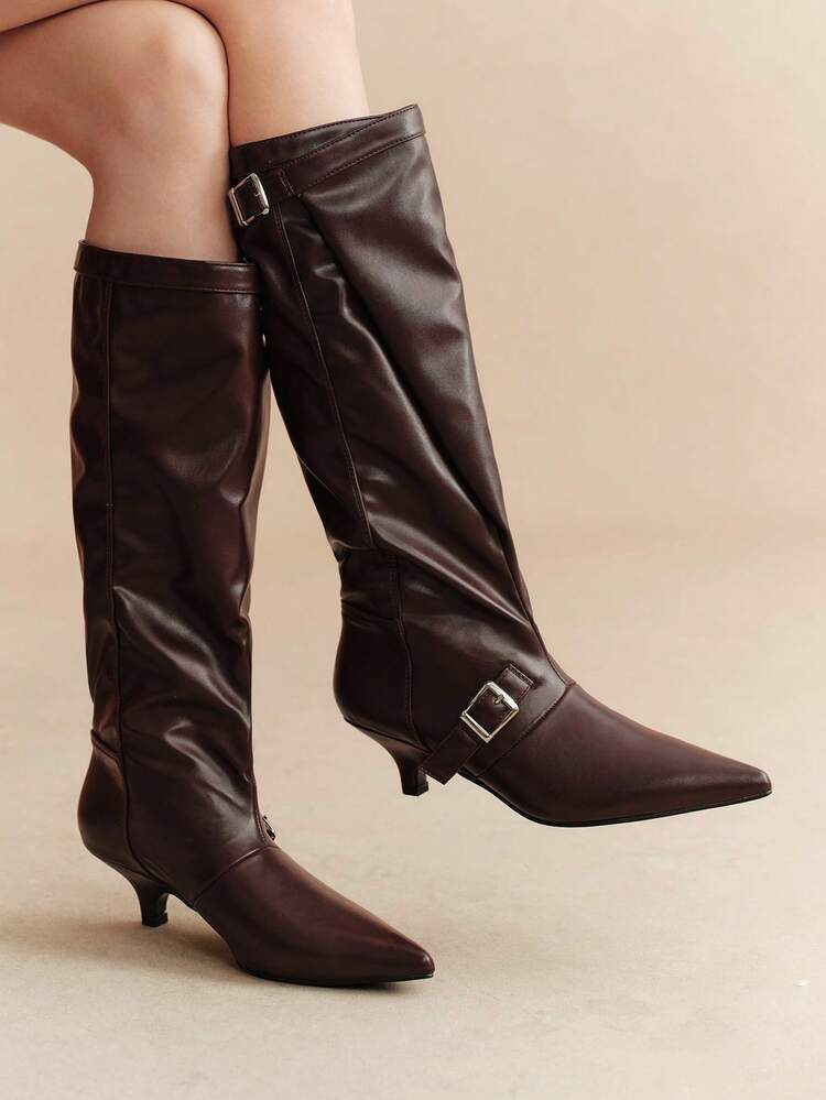 Rosivie Versatile Skinny Retro Double Buckle Apricot Pointed Kitten Heel Pleated Knee-High Boots - dark burgundy - View 3
